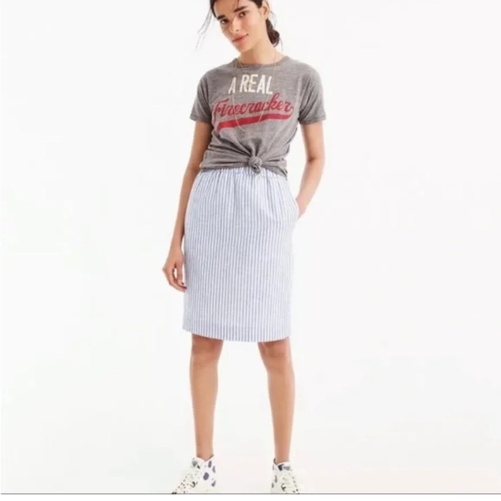 J. Crew White and Blue Striped Pull On Linen Pencil Skirt